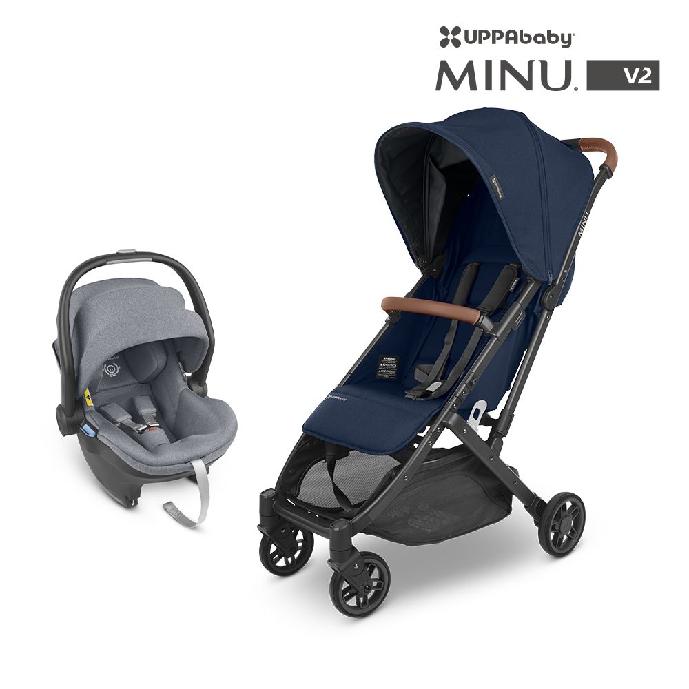 美國UPPAbaby - MINU V2魅力都會時尚-推車提籃組合-(贈杯架+轉接器)-推車:海軍藍NOA+提籃:藍灰色GRG-7.6KG