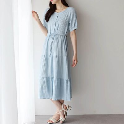 日本 BLUE EAST - 桃心領氣質分層短袖洋裝-水藍 ((短版))