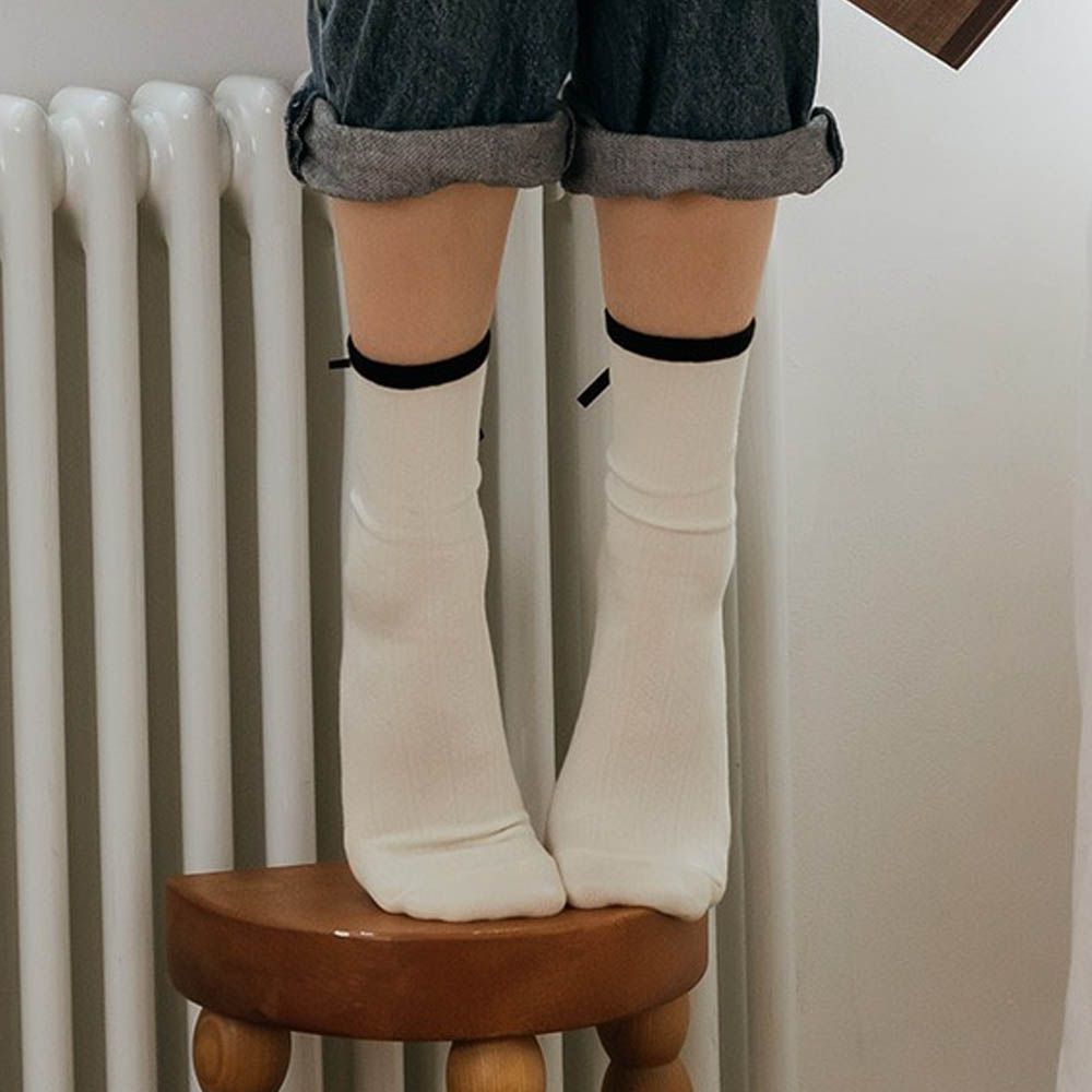 韓製彈力好穿中筒襪-蝴蝶結裝飾-白 (Free[230~260mm])-1雙