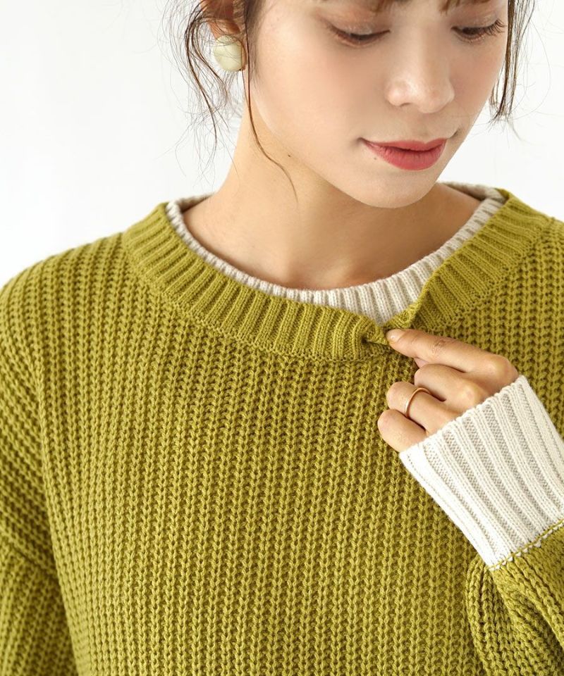 日本 zootie - 畝編袖撞色針織毛衣-黃綠x杏