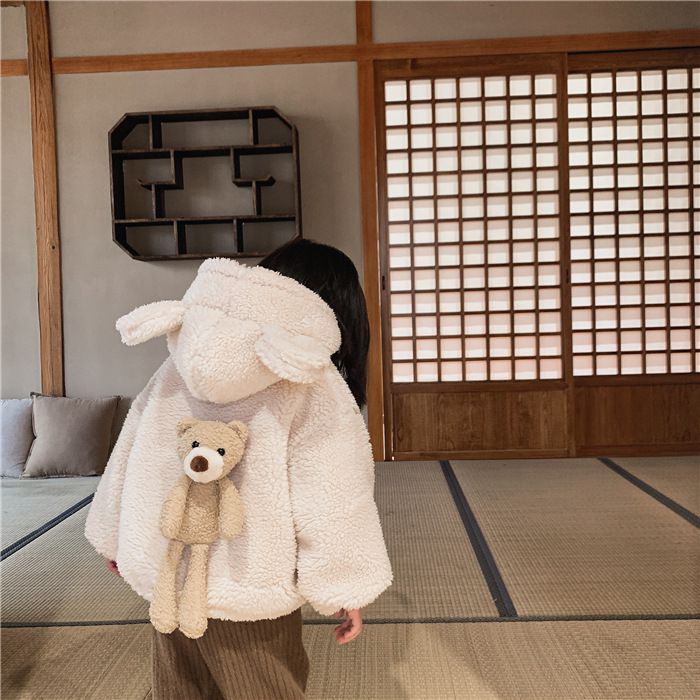 加厚連帽羊羔絨兒童造型外套-熊熊耳朵-米白色