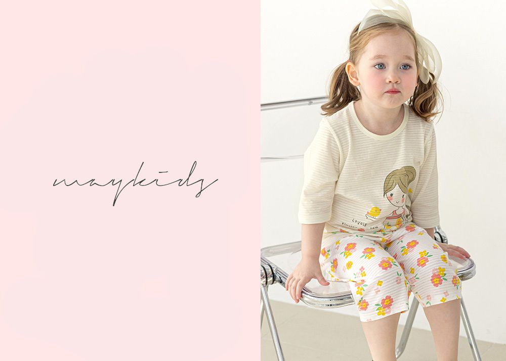 韓國 Maykids - 無螢光棉透氣七分袖家居服-花園女孩