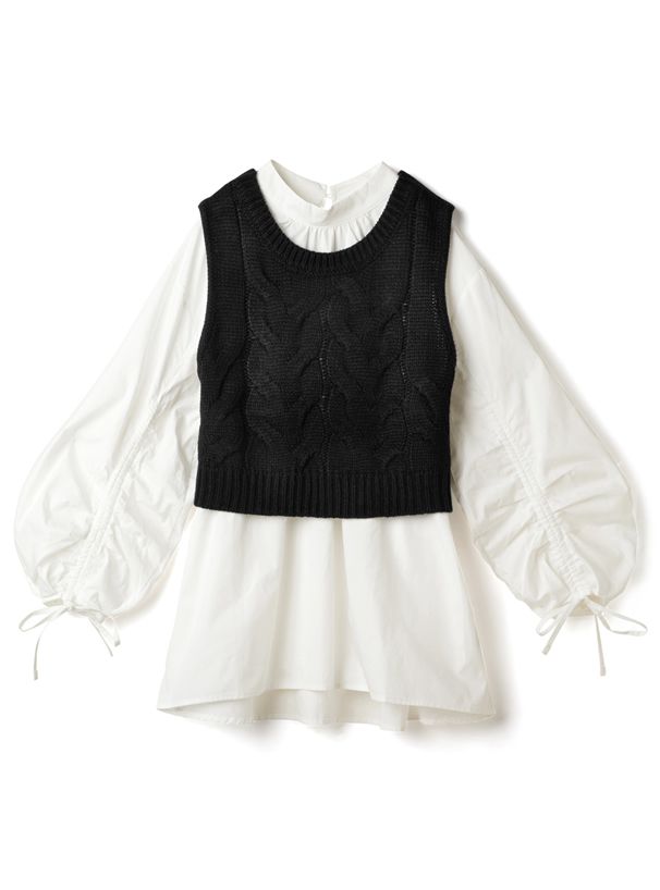 日本 GRL - 抽繩袖設計長袖上衣+針織背心兩件組-黑白