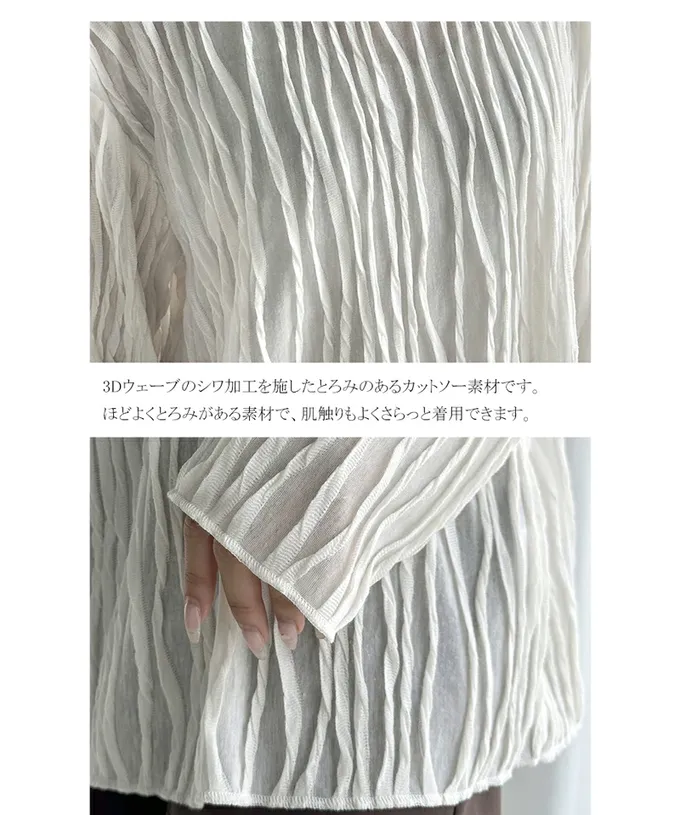 日本 Classical Elf - 圓領波紋透感長袖上衣-黑