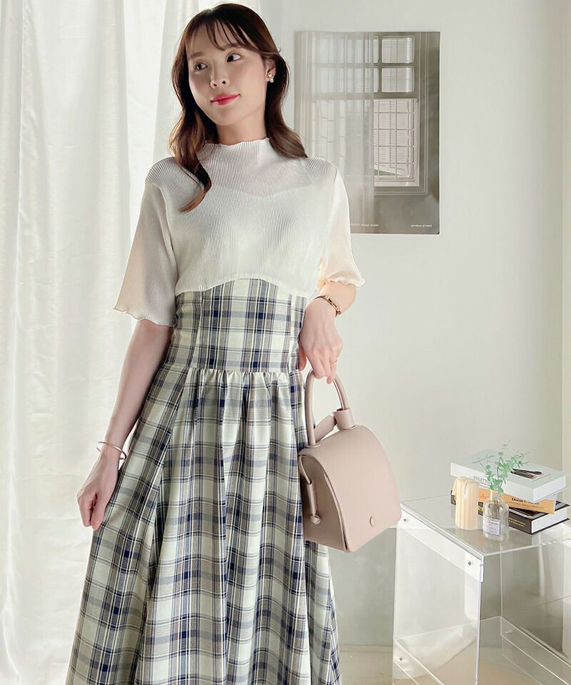 日本 Classical Elf - 浪漫格紋拼接後綁帶短袖洋裝-經典黑