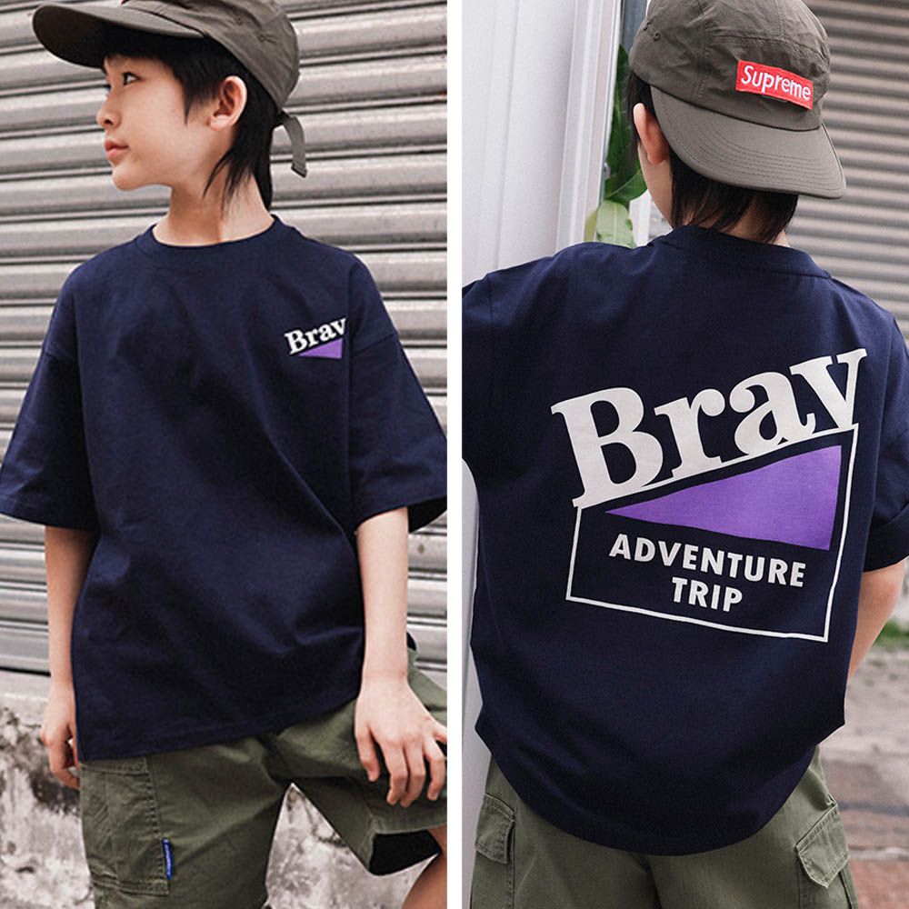 純棉圓領短袖上衣-活力字母-藏青