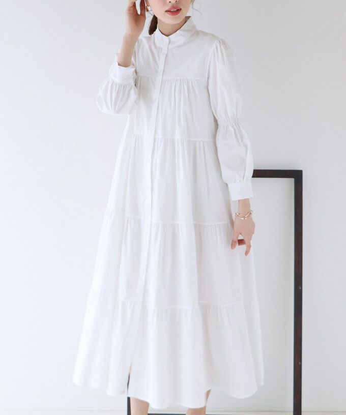 日本 BLUE EAST - 微立領層次長袖洋裝-黑