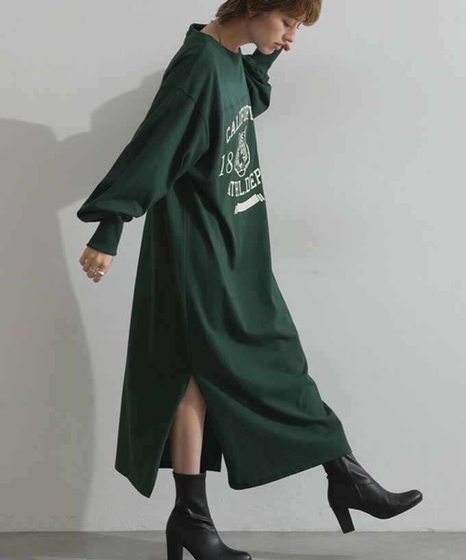 日本 Lupilien - 帥氣老虎印花側開叉長袖洋裝-濃綠