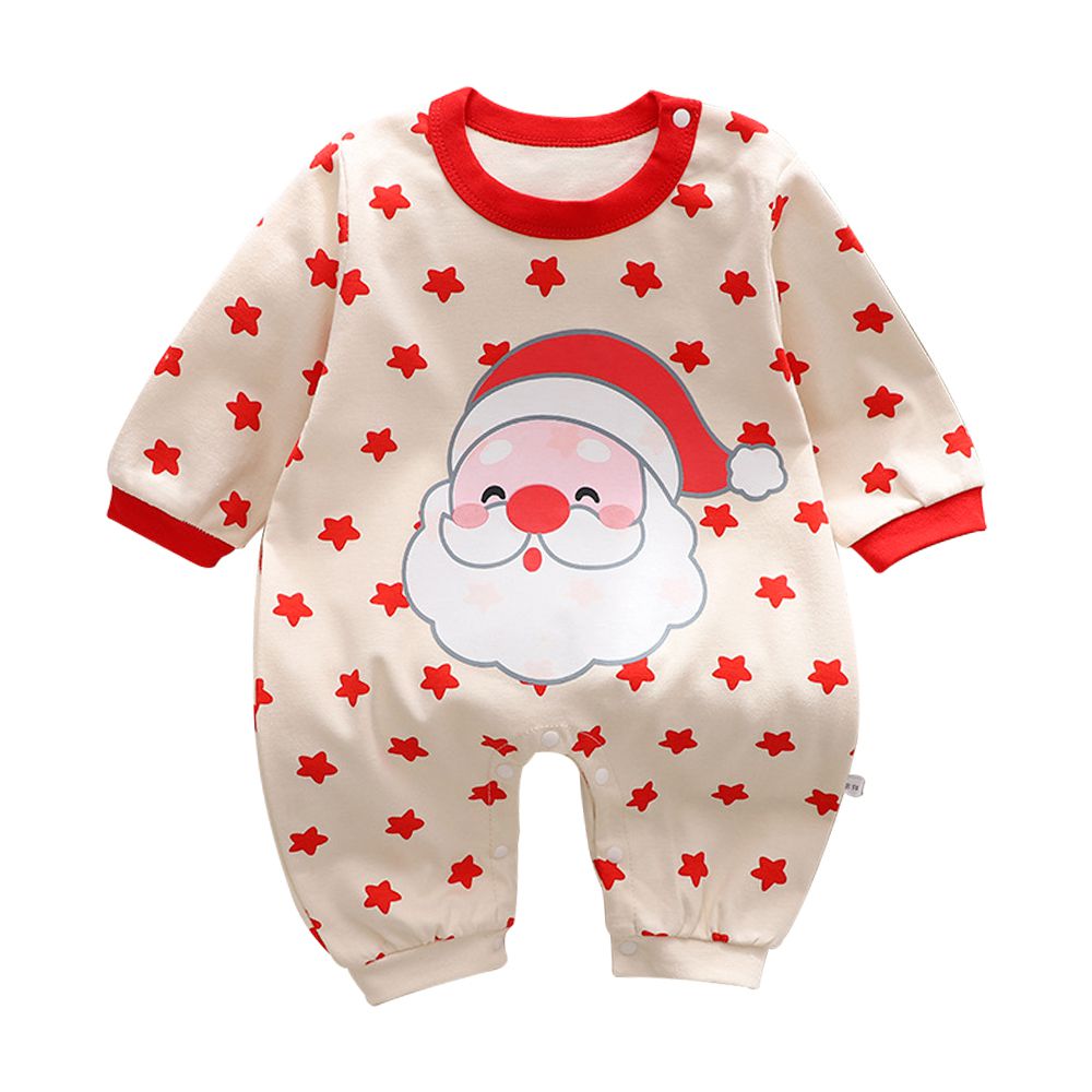 嬰幼兒長袖連身衣 寶寶長袖包屁衣 聖誕-米底紅星
