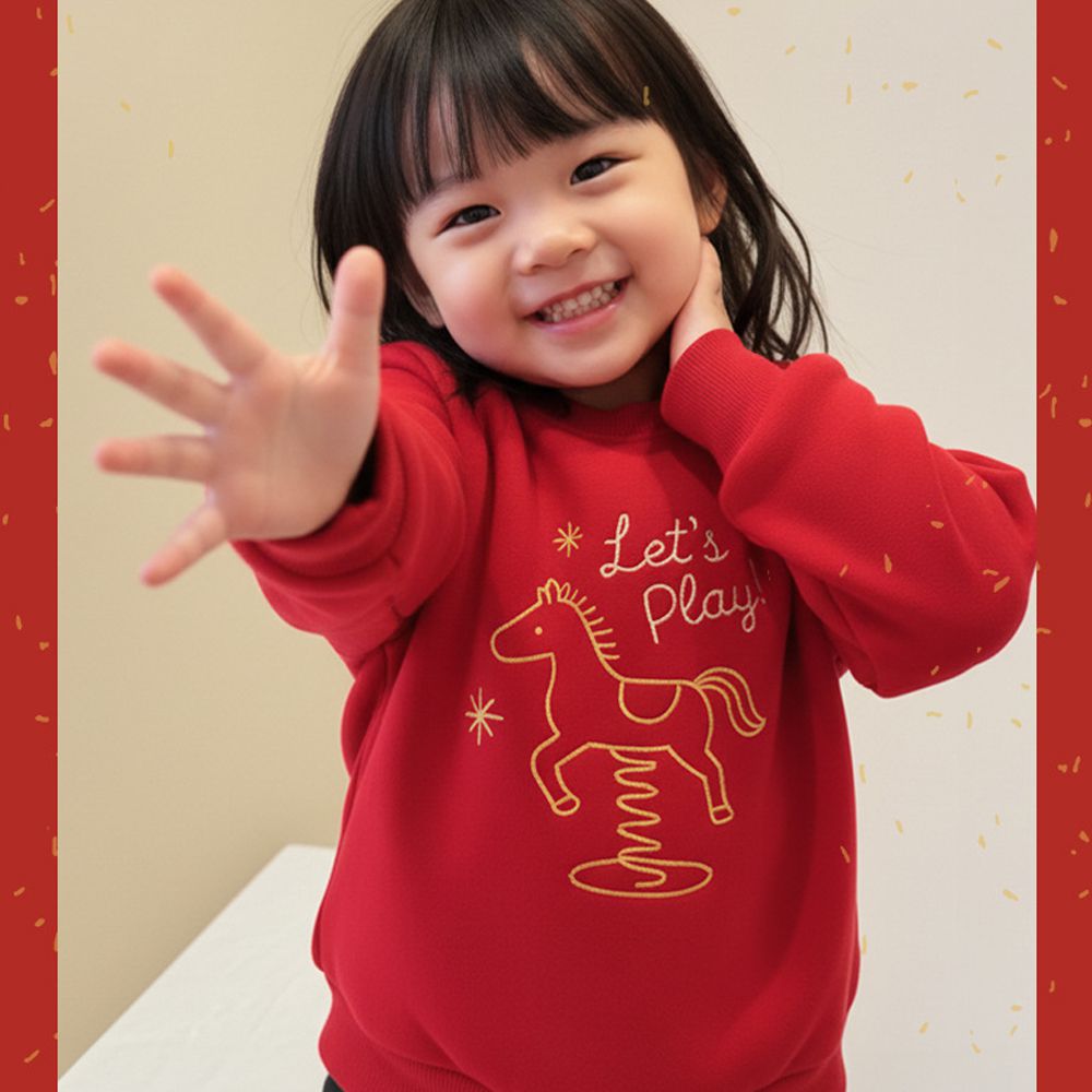 內刷絨立體尖帽長袖上衣-福樂彈彈馬-紅色