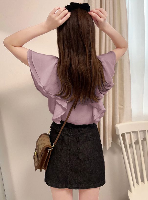 日本 GRL - 浪漫扭結波浪層次修身短袖上衣-經典黑