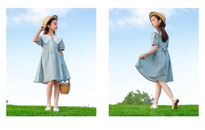 娃娃領短袖洋裝-碎花紋路-淺藍色