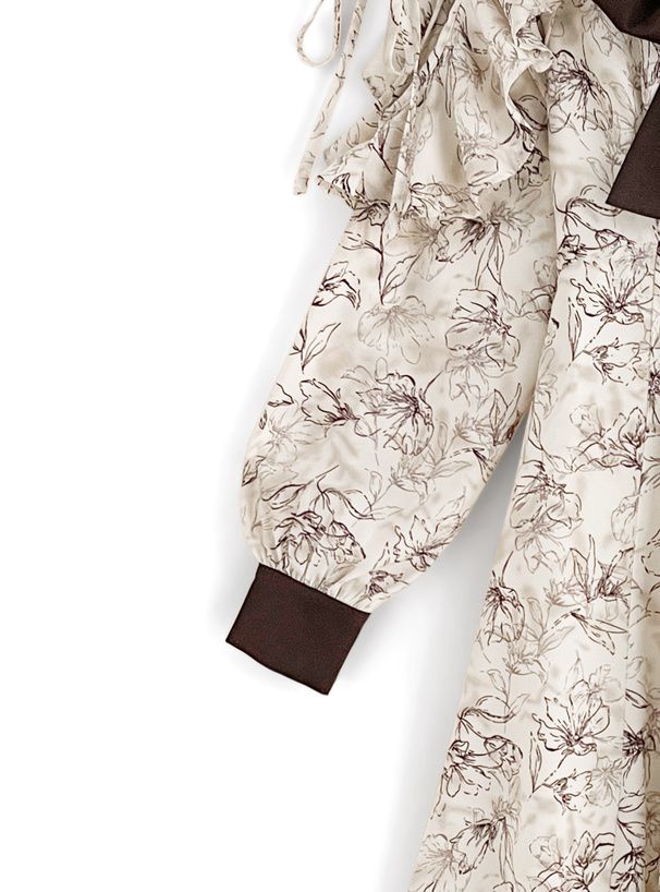 日本 GRL - 開袖設計碎花扭結長袖洋裝-米杏