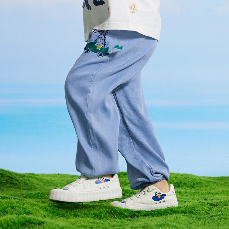 百搭牛仔束口長褲/防蚊褲-恐龍開車-牛仔藍