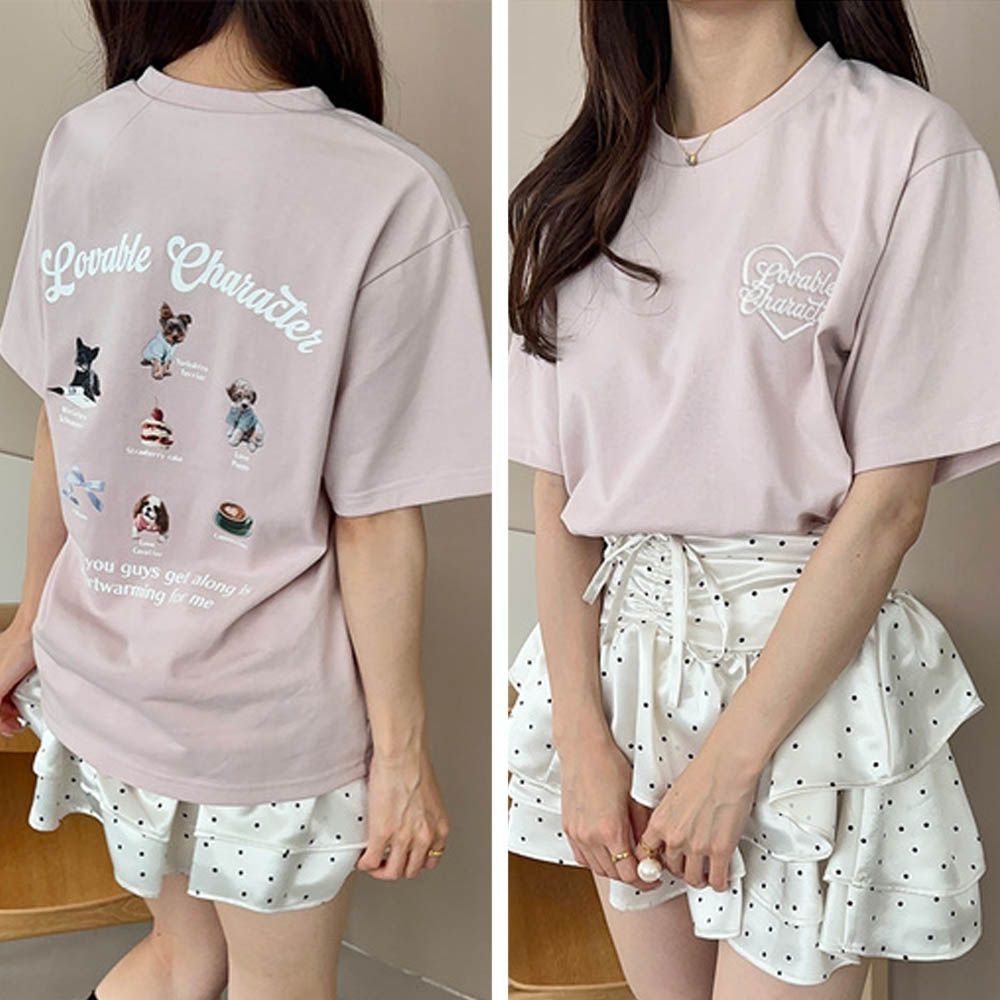 logo刺繡可愛印花T恤-狗狗好朋友-粉紅 (F)