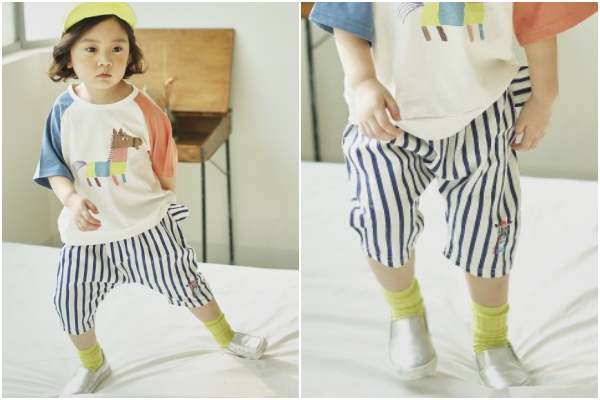 韓國 Mimico - 直條紋熊耳短褲-黑獅子