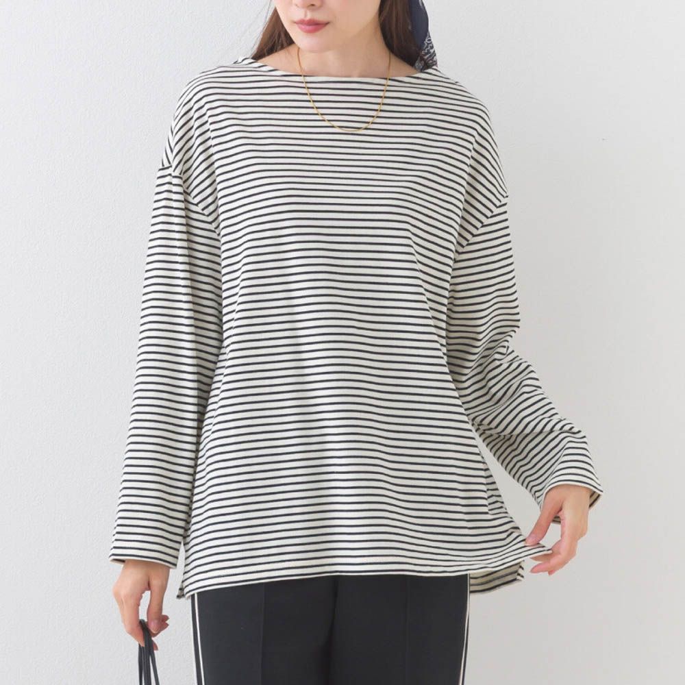 100%棉 經典款細條紋長袖上衣-白底黑條紋