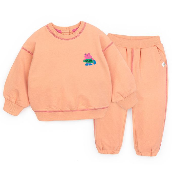 韓國 Pimpollo - 胸前鱷魚點綴圓領長袖套裝-粉橘