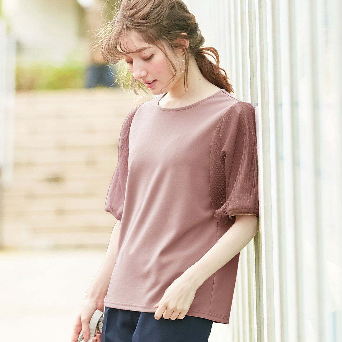 日本 BELLUNA - 抗UV 四機能薄紗泡泡五分袖上衣-薄荷