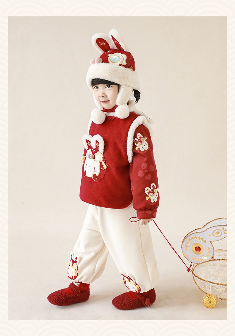 TONGMO - 加絨腰鬆緊休閒拜年長褲-兔子-米色