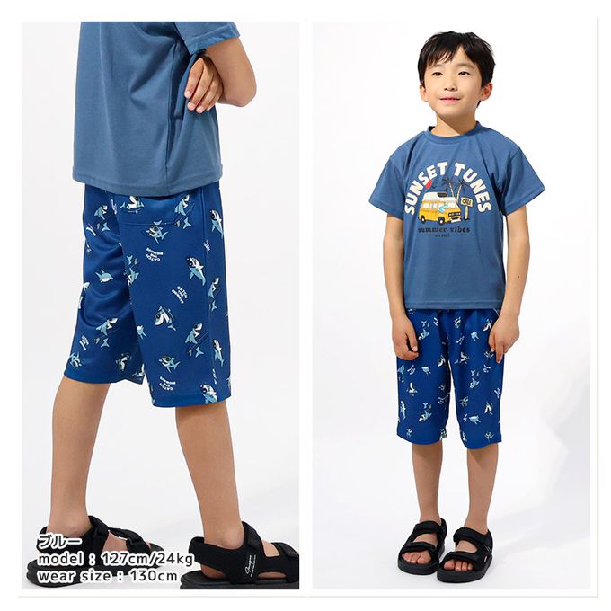 日本 ZOOLAND - 接觸冷感 透氣鯊魚印花短褲-深藍