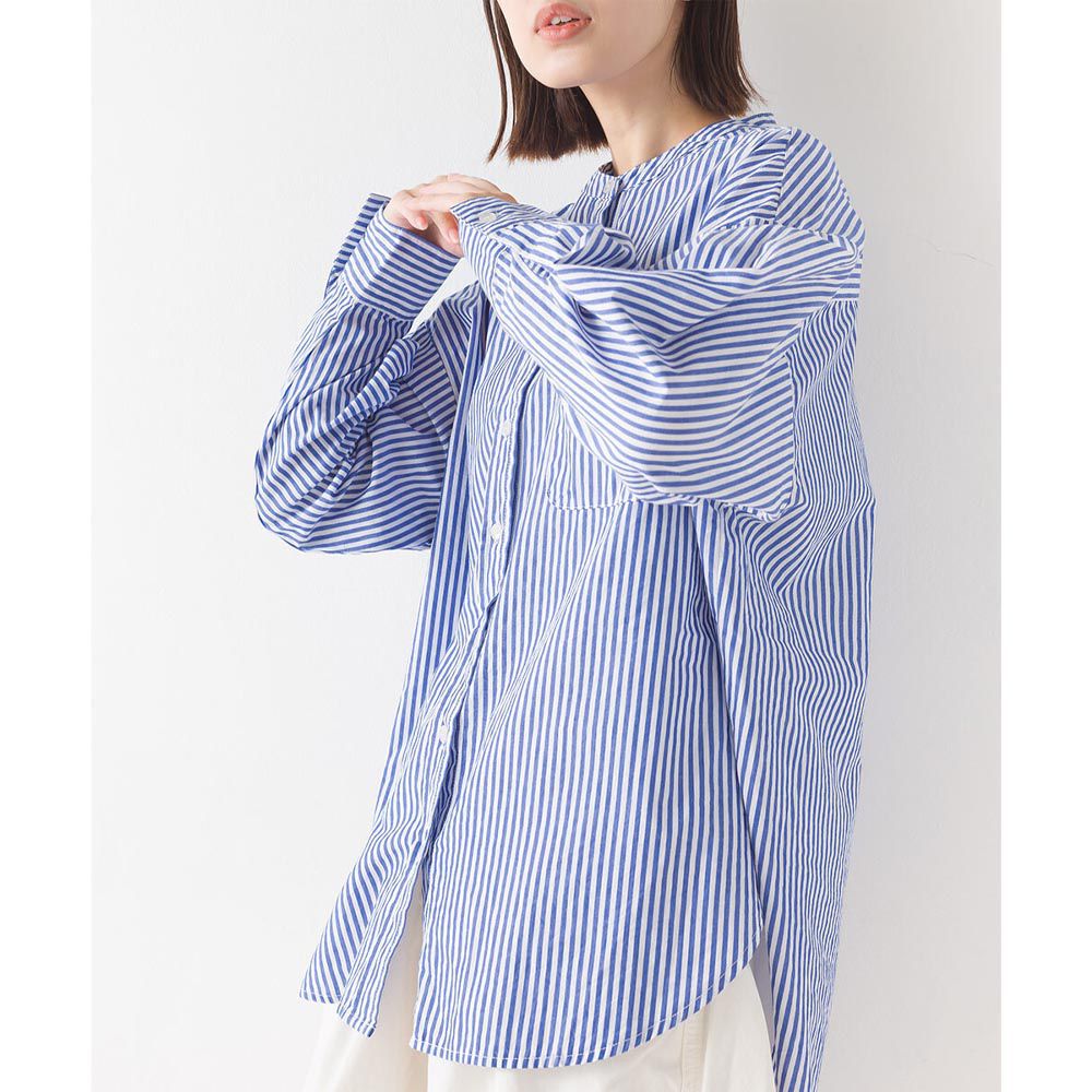 日本 OMNES - 100%棉 厚磅小立領長袖襯衫-條紋-藍白-1435