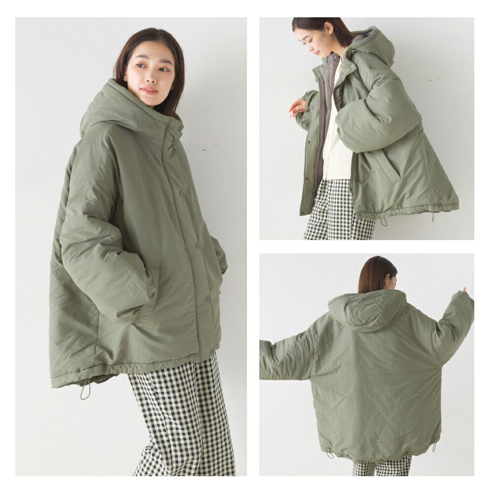 日本 OMNES - [防風機能]立領寬版連帽鋪棉外套-軍綠