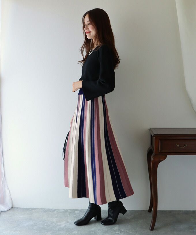 日本 BLUE EAST - [店員推薦] 撞色修身針織長裙-深藍x粉紫