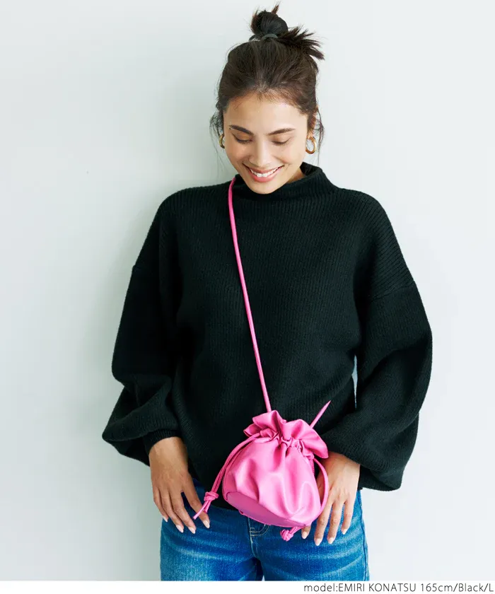 日本 COCA - 立領修身坑條落肩針織毛衣-米杏