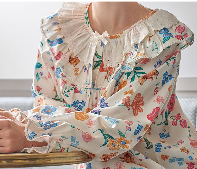 韓國 ULLALA - 童話熊花園荷葉領長袖睡衣套裝-淡黃 (FREE)