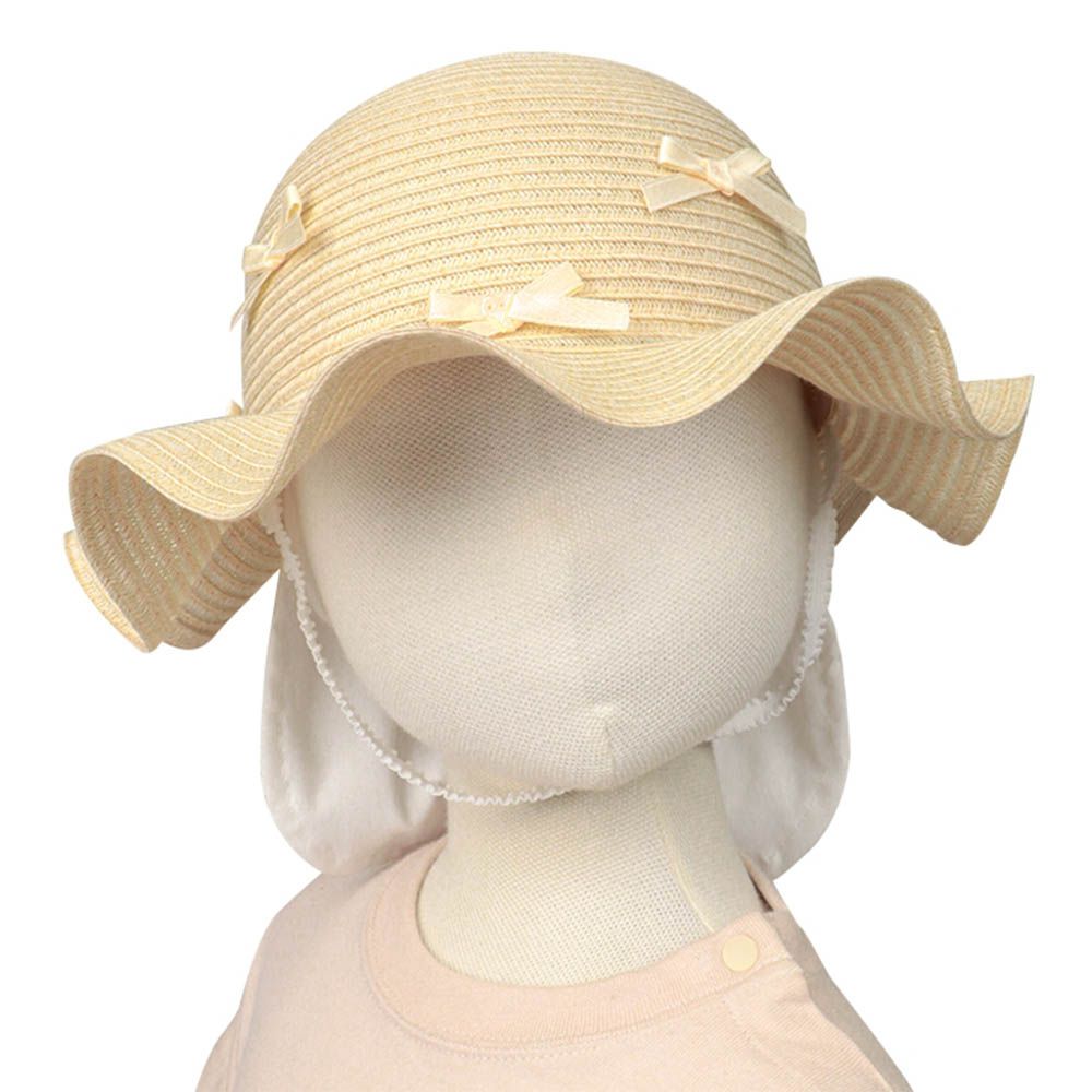 波浪邊帽-可洗可折疊 蝴蝶結-象牙白色