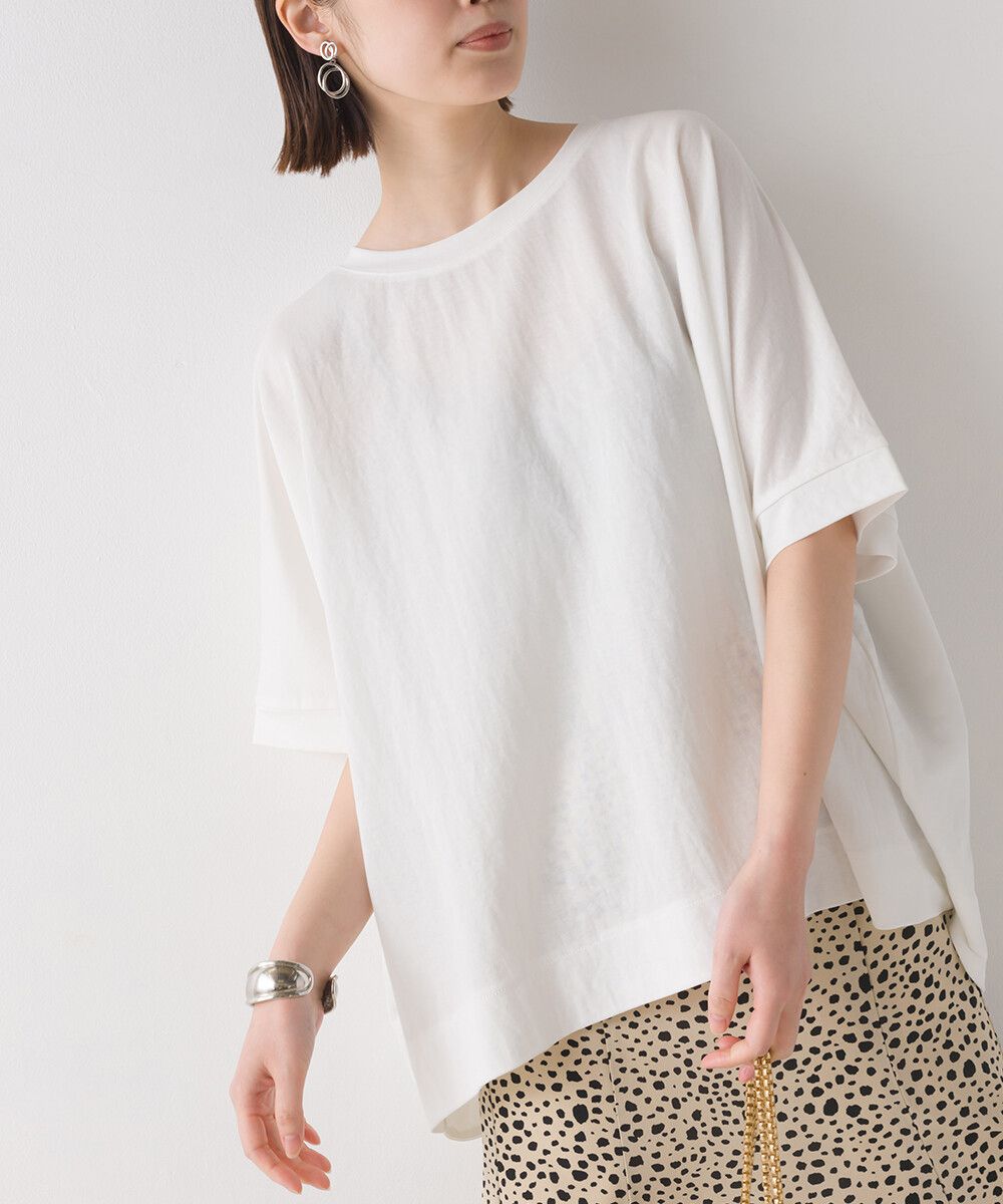 日本 OMNES - 涼感機能 嫘縈混落肩短袖上衣-白