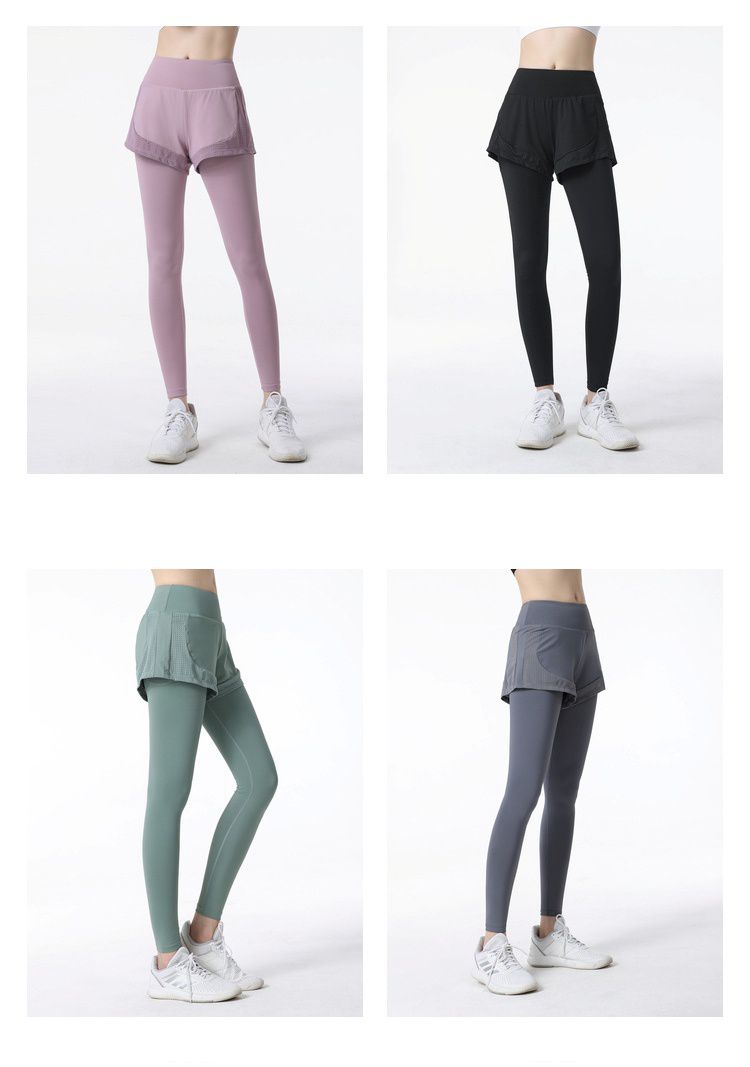 大碼高腰假兩件防走光瑜珈褲-黑色