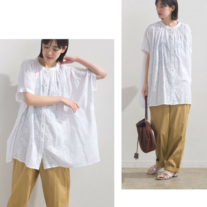 日本 OMNES - 100%棉 透膚感緹花短袖寬版襯衫-白