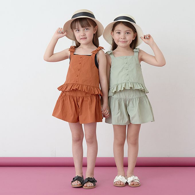 日本 Lycee mine - 可愛吊帶上衣+蓬蓬短褲2件式套裝-卡其