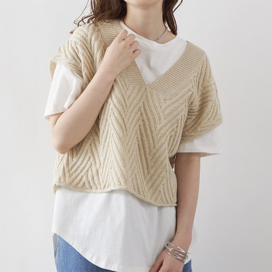 日本 Rejoule - 立體V字坑紋寬鬆針織背心-燕麥 (M(Free size))