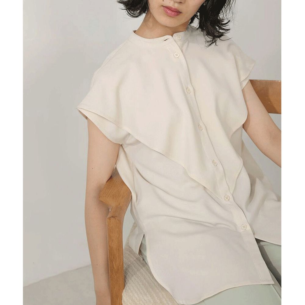 日本 Bou Jeloud - 花朵波浪造型無袖雪紡襯衫-米杏