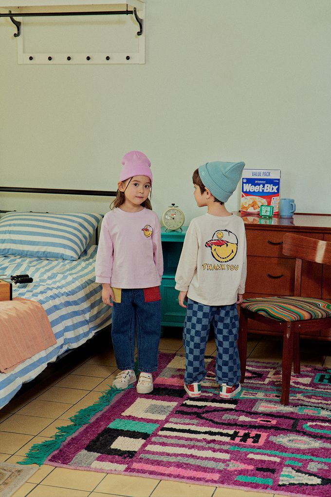 韓國 First Blue - 鴨舌帽笑臉印長袖上衣-灰綠