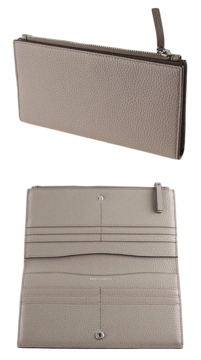 TORY BURCH - 雙T-LOGO荔枝皮革拉鍊長夾 (灰)