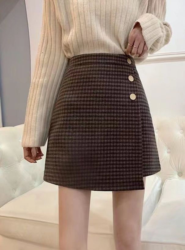 日本 GRL - 不規則裙擺格紋毛呢短裙(附安全褲內襯)-黑