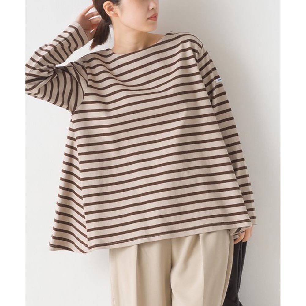 日本 OMNES - 定番 純棉柔軟A字寬版長袖上衣-棕色條紋