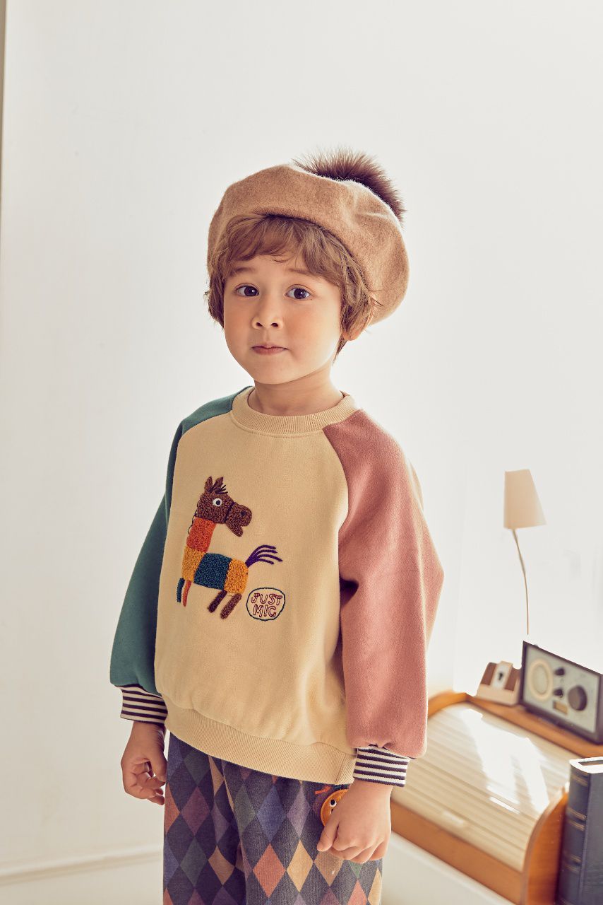 韓國 Mimico - (裏起毛)立體木馬拼接色T