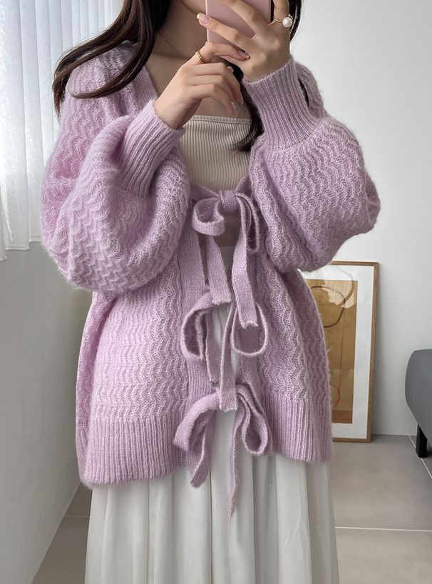 日本 GRL - 甜美綁帶開襟針織外套-淺粉 (F)