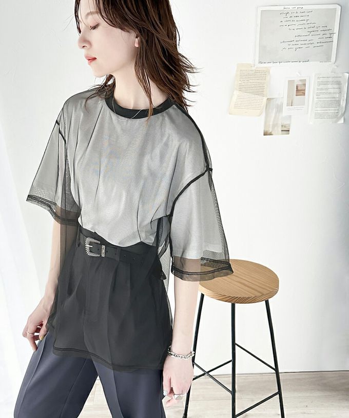 日本 Classical Elf - Java 薄紗層次酷甜五分袖上衣-淺粉x藍灰紗