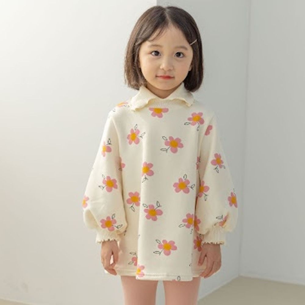 韓國 Orange Mom - 卷卷領可愛花花泡泡袖洋裝-象牙白