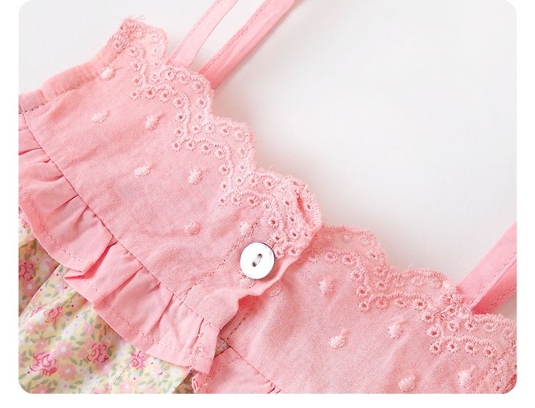 田園風純棉吊帶洋裝-碎花款-粉色