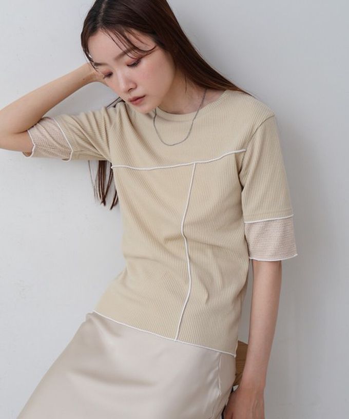 日本 Bab - 柔美線條羅紋異材質短袖上衣-黑 (M)