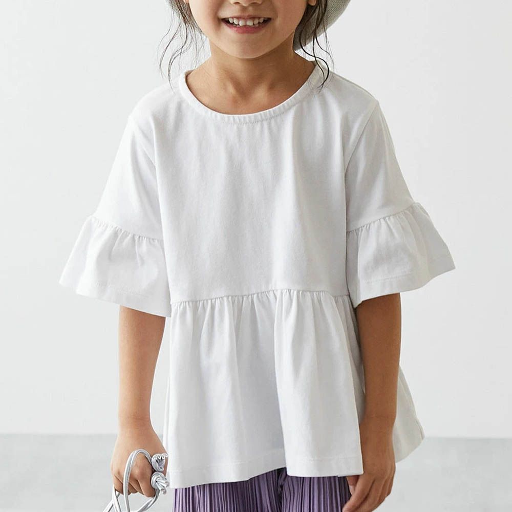 寬鬆圓領荷葉五分袖上衣-白