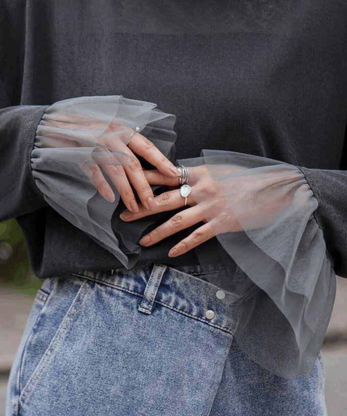 日本 Bab - 雙層薄紗拼接俏麗長袖上衣-象牙白