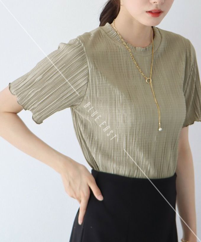 日本 BLUE EAST - 韓國製 圓領貝殼紋光澤短袖上衣-粉紅